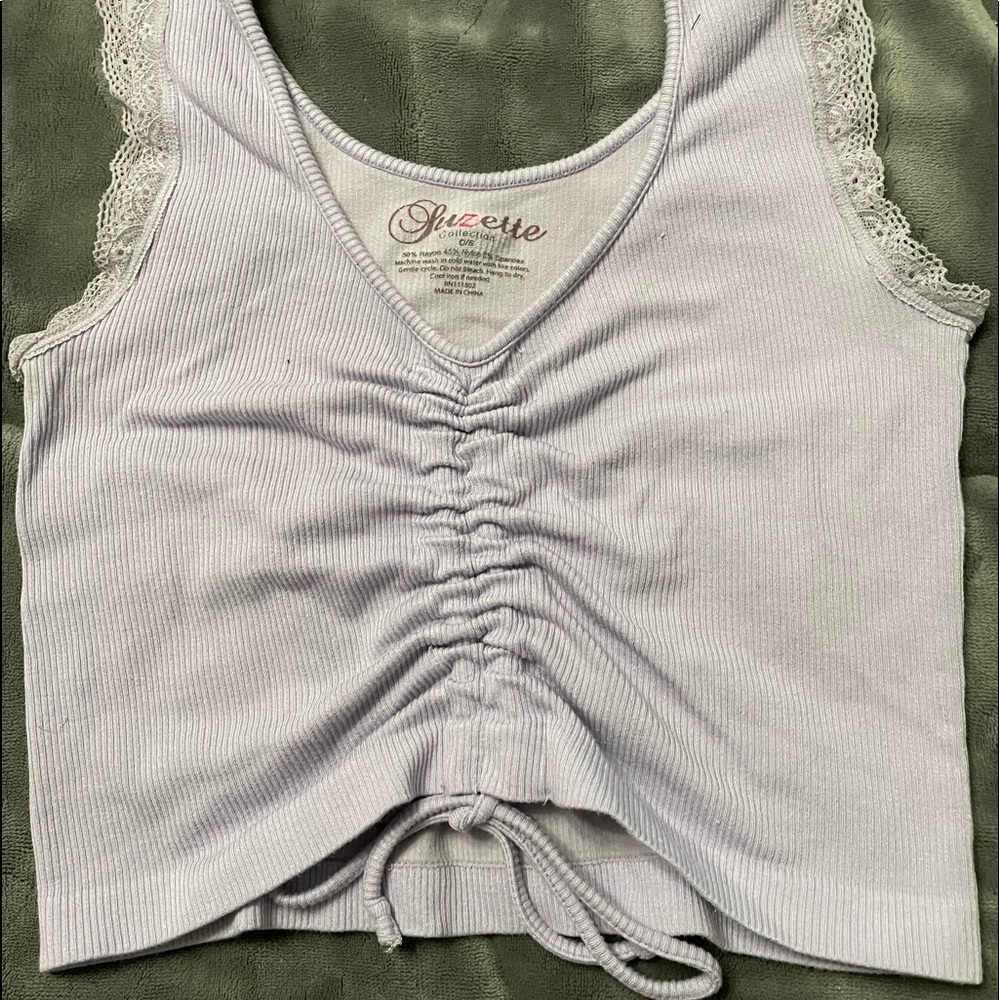 lilac scrunch tie tank top with lace trim